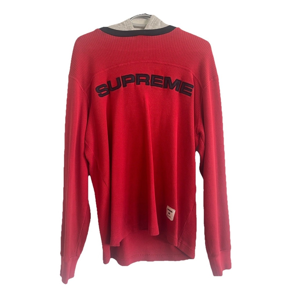 Supreme Mens Red Waffle Knit Thermal Logo Hooded Pullover Sweater Medium